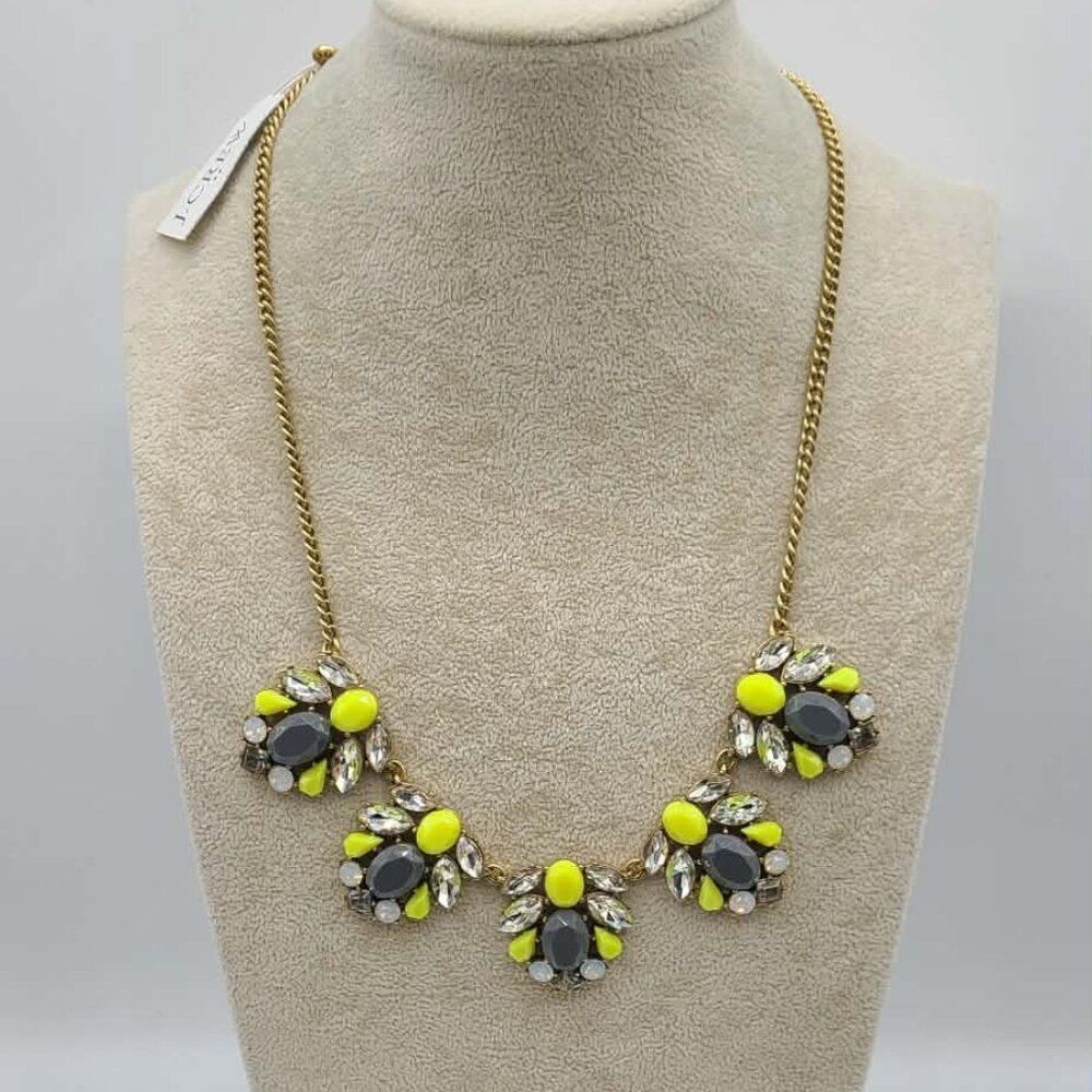 J Crew Factory Gray Yellow Resin Clear Crystal Statement Necklace NWT! NEW!